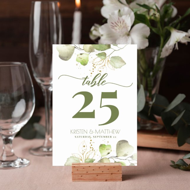 Tarjeta De Mesa Vegetación acuarela Dorada Floral Elegante Boda (Greenery watercolor gold foliage design table number card is perfect for your wedding reception.)