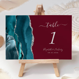 Tarjeta De Mesa Verde azulado Agate de Plata Burgundy Boda Número 