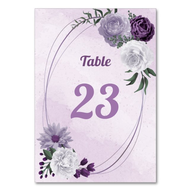 Tarjeta De Mesa Verde romántico morado y blanco floral (Anverso)