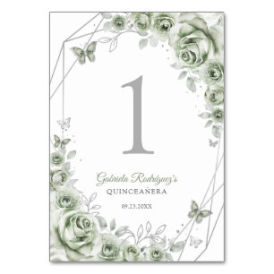 Tarjeta De Mesa Verde Salvia Floral de Plata Quinceanera
