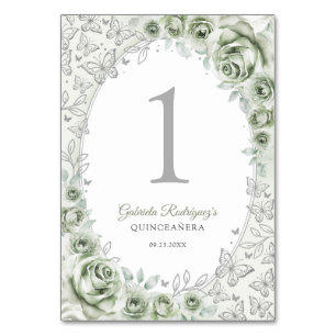 Tarjeta De Mesa Verde Salvia Floral Quinceañera Plateada