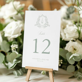 Tarjeta De Mesa Verde Salvia Monograma Floral Cresta Boda Elegante