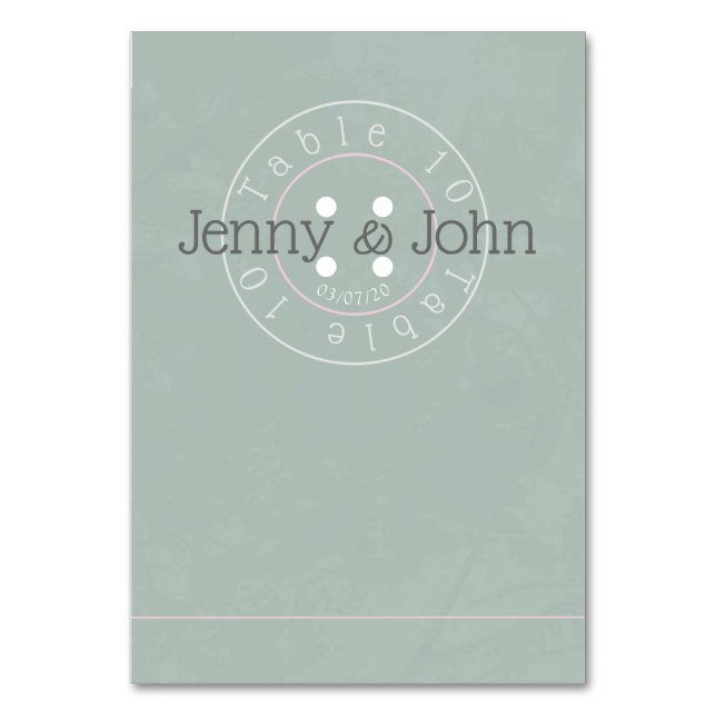 Tarjeta de mesa verde y rosa con botón de coser (Anverso)