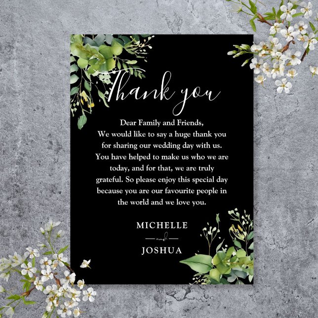 Tarjeta De Mesa Verdor Floral Boda Blanco Y Negro Gracias (Greenery Floral Black And White Wedding Thank You Place Card)