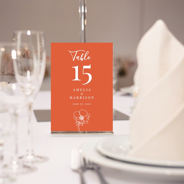 Tarjeta De Mesa Verona Sunset Boda Floral Número de tabla pequeño (Verona Sunset Floral Orange Wedding Small Table Number with Line Art Flower.)
