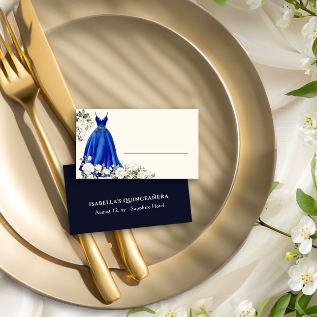 Tarjeta De Mesa Vestido Princesa Azul Real Personalizado (Table place cards from the Princess Dress and Roses Quinceanera collection by Darling & May)