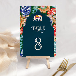 Tarjeta De Mesa Vibrante Boda azul oscuro del elefante de arte fol