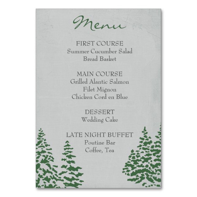 Tarjeta De Mesa Vintage Evergreen Winter Wedding Menu (Anverso)