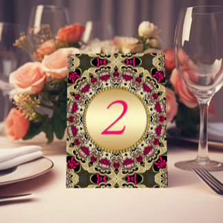 Tarjeta De Mesa Vintage Gitana Bohemio Rosa Caliente Dorado Lacead