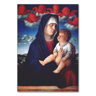 Tarjeta De Mesa Virgen María con el Niño Jesús y los gorrones rojo