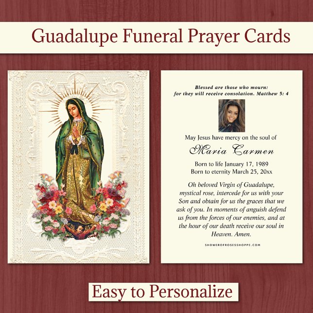 Tarjeta De Mesa Virgen Religiosa María Funeral Guadalupe (Catholic Our Lady of Guadalupe Funeral Prayer Cards - Easy to personalize! )