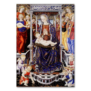 Tarjeta De Mesa Virgen y Niño entronizados con ángel músico