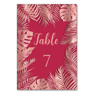Tarjeta De Mesa Viva magenta rosa hojas tropicales doradas románti
