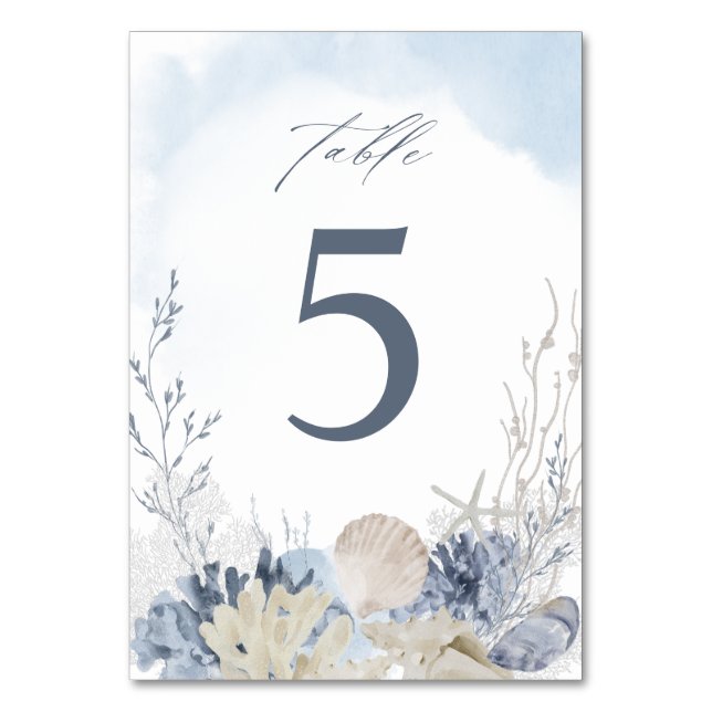 Tarjeta De Mesa Watercolor Beach Ocean Blue Boho Wedding (Anverso)