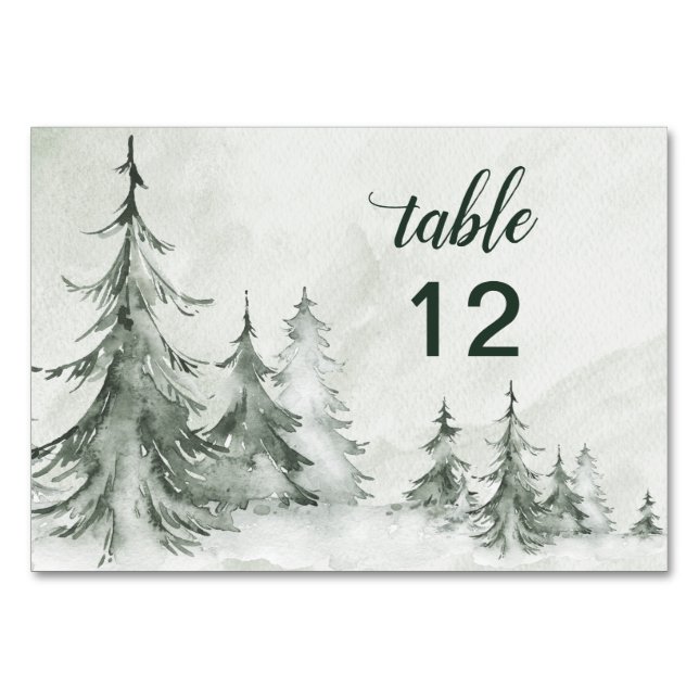 Tarjeta De Mesa Watercolor Fir Trees Boda de Invierno (Anverso)