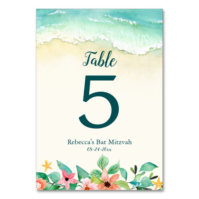 Tarjeta De Mesa Watercolor Floral Beach Bat Mitzvah (Anverso)