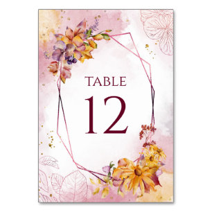 Tarjeta De Mesa Watercolor Geométrico Floral Caída Burgundy Boda