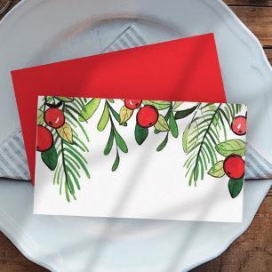 Tarjeta De Mesa Watercolor Holly Berry Foliage   Vacaciones