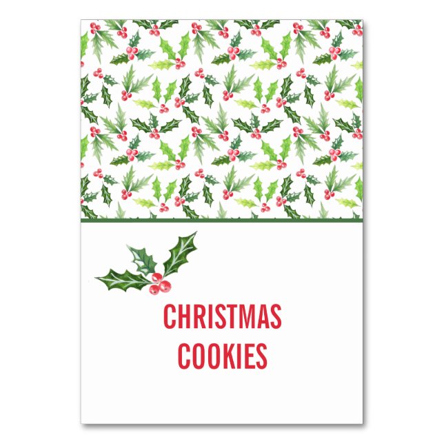 Tarjeta De Mesa Watercolor Holly Navidades Buffet Food Labs (Anverso)