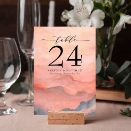 Tarjeta De Mesa Watercolor Mountain Rustic Coral Sunset