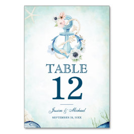 Tarjeta De Mesa Watercolor Nautical Floral Anchor Beach Wedding