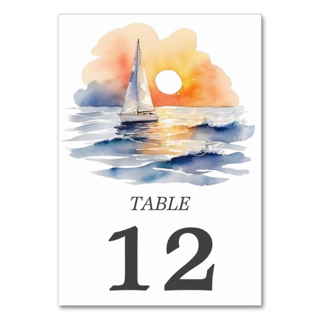Tarjeta De Mesa Watercolor Sailboat Sunset Seascape Boda (Anverso)