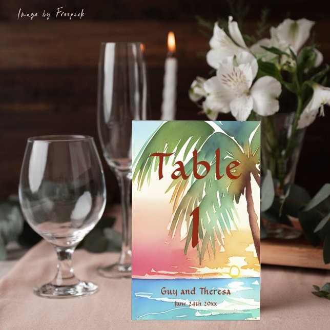 Tarjeta De Mesa Watercolor Tropical Beach Wedding (Subido por el creador)