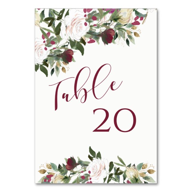 Tarjeta De Mesa Watercolor White Roses Cranberry Wedding (Anverso)