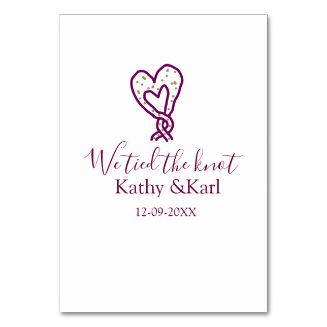 Tarjeta De Mesa We tied the knot pink heart knots name date romant (Anverso)
