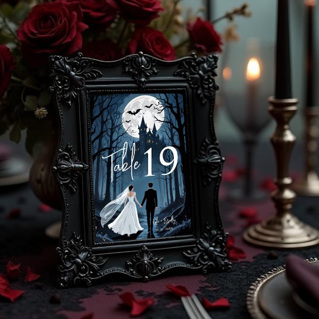 Tarjeta De Mesa Wedding Couple Spooky Forest Toward Haunted Castle (Spooky Forest Wedding Couple Toward Haunted Castle Table Numbers for Double-Digit Tables. )