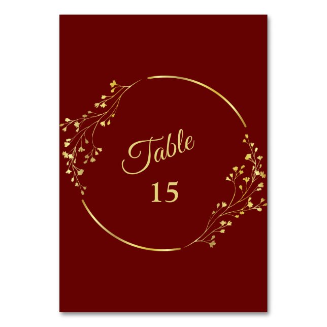 Tarjeta De Mesa Wedding Golden Floral Geometric Wreath Red Party (Anverso)