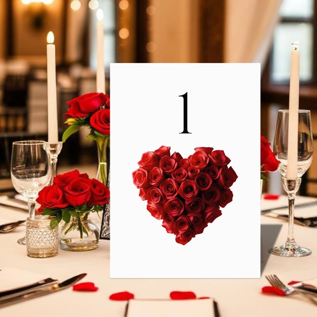 Tarjeta De Mesa Wedding Table Number-Heart Shaped Red Roses- (Wedding Table Number-Heart Shaped Red Roses- Table Number)