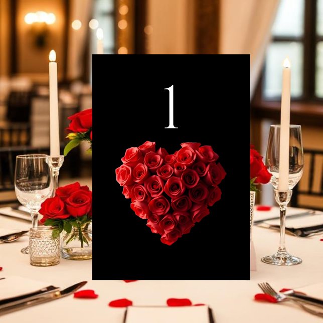 Tarjeta De Mesa Wedding Table Number-Heart Shaped Red Roses- (Red Roses in the Shape of a Heart Wedding Collection- Black and White)