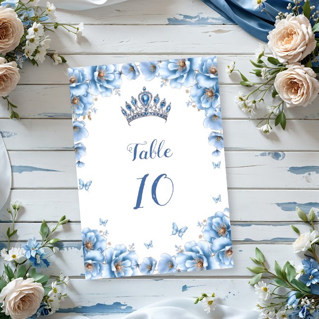 Tarjeta De Mesa Whimsical Floral Dusty Azul Tiara Quinceañera (Subido por el creador)