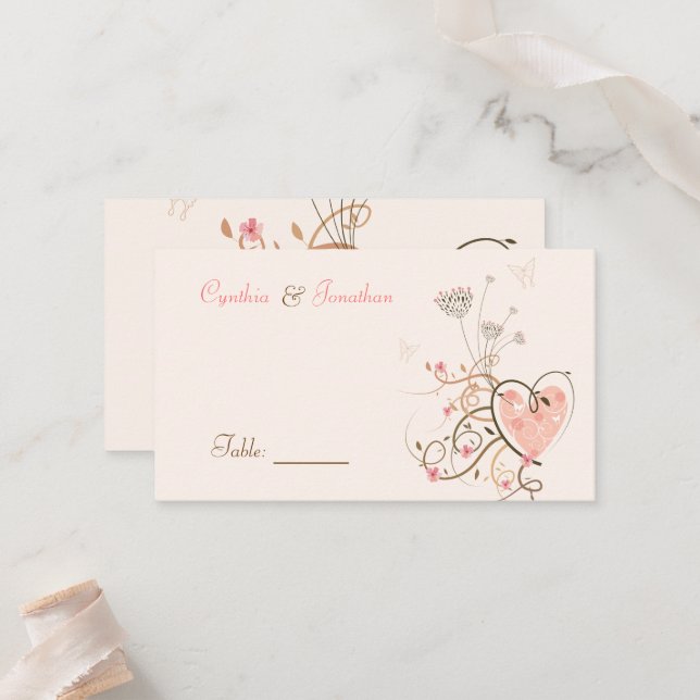 Tarjeta De Mesa Whimsical Pink Sweet Heart Butterfly Swirl Boda (Anverso/Reverso In Situ)