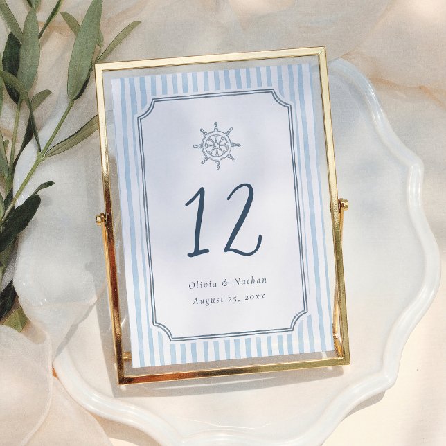 Tarjeta De Mesa Whimsical Retro Blue Stripes Wedding Table Number (Subido por el creador)