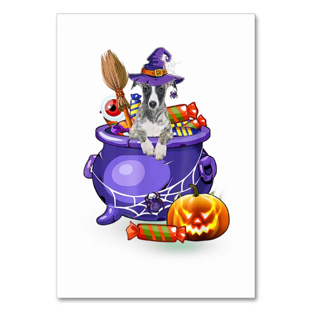 Tarjeta De Mesa Whippet Dog with witch hat Candy Pumpkin Halloween (Anverso)