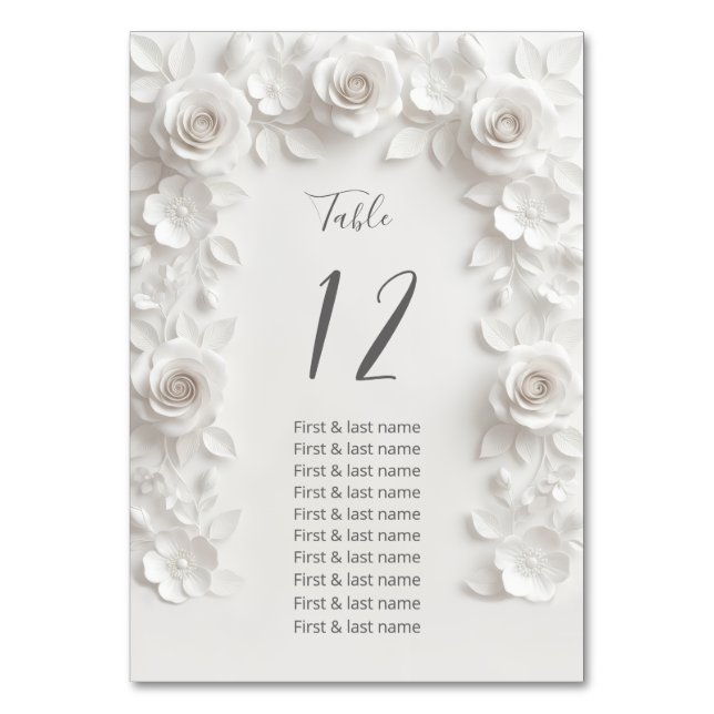 Tarjeta De Mesa White 3D Roses Wedding Guest Names  (Anverso)