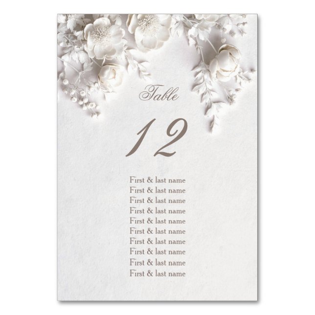 Tarjeta De Mesa White 3D Roses Wedding Guest Names  (Anverso)