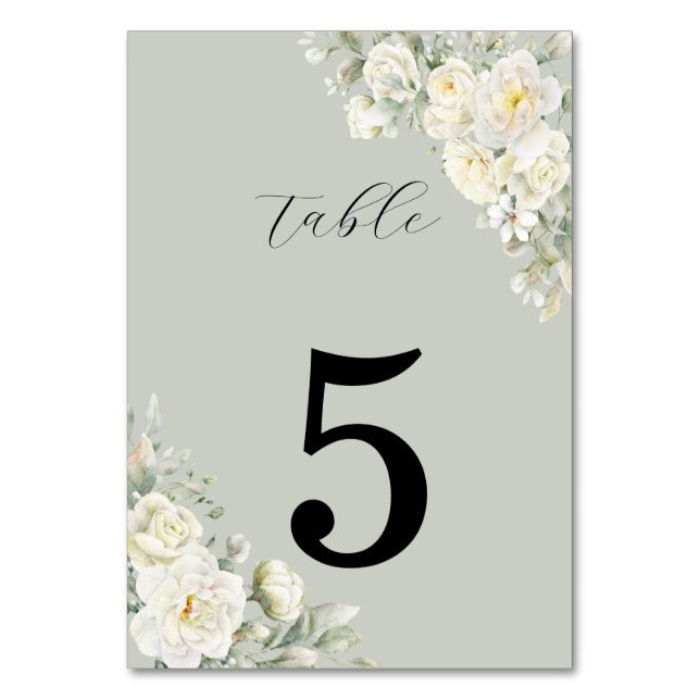 Tarjeta De Mesa White Roses Light Green Table Number (Anverso)
