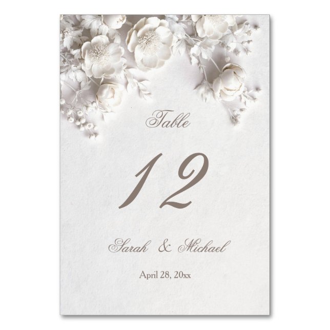 Tarjeta De Mesa White Sculptured Flowers Wedding   (Anverso)