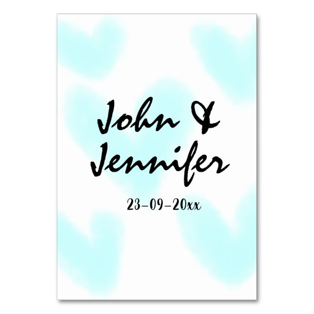 Tarjeta De Mesa white simple minimal text style wedding blue heart (Anverso)