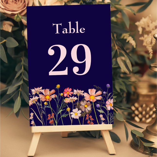 Tarjeta De Mesa Wildflower Boho Floral Navy Blue Blush Wedding (Wildflower boho fall floral navy blue blush pink Wedding table number Garden meadow flowers )