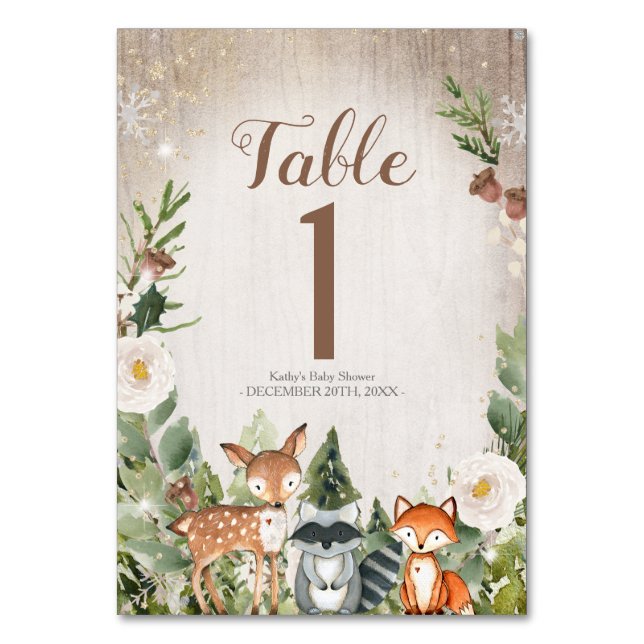 Tarjeta De Mesa Winter Animals Woodland Table Number Baby Shower (Anverso)