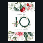 Tarjeta De Mesa Winter Berry | Número de cuadro 10<br><div class="desc">Este delicado borde de vegetación acuática tiene colores Navidades tradicionales, verde bosque, verde oliva y rojo arándano sobre blanco brillante. El número de la mesa se encuentra en el centro, en un bosque verde con bayas rojas y vegetación. Los detalles restantes del boda se encuentran directamente a continuación. Todo el...</div>