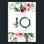 Tarjeta De Mesa Winter Berry | Número de cuadro 10<br><div class="desc">Este delicado borde de vegetación acuática tiene colores Navidades tradicionales, verde bosque, verde oliva y rojo arándano sobre blanco brillante. El número de la mesa se encuentra en el centro, en un bosque verde con bayas rojas y vegetación. Los detalles restantes del boda se encuentran directamente a continuación. Todo el...</div>