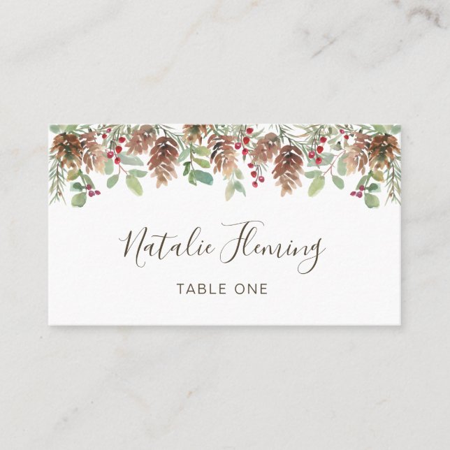 Tarjeta De Mesa Winter Greenery Pine Red Berry Boda Place Card (Anverso)