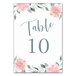 Tarjeta De Mesa Wispy Floral Rosa y Botánico Verde azulado Número 
