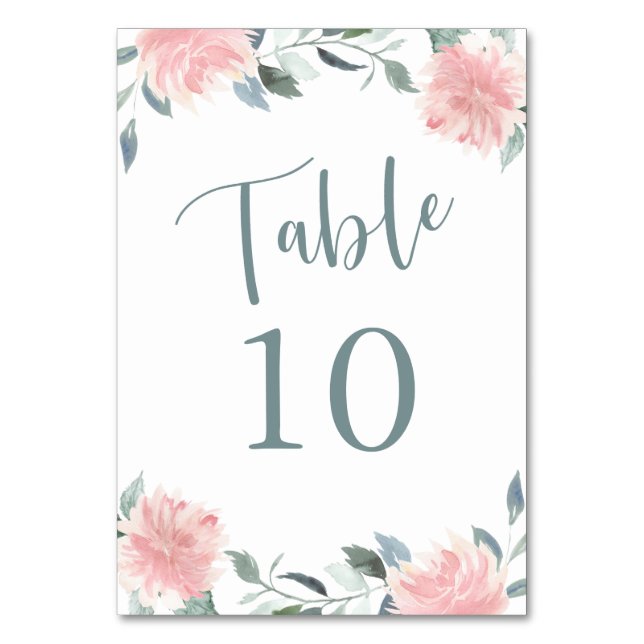Tarjeta De Mesa Wispy Floral Rosa y Botánico Verde azulado Número  (Anverso)