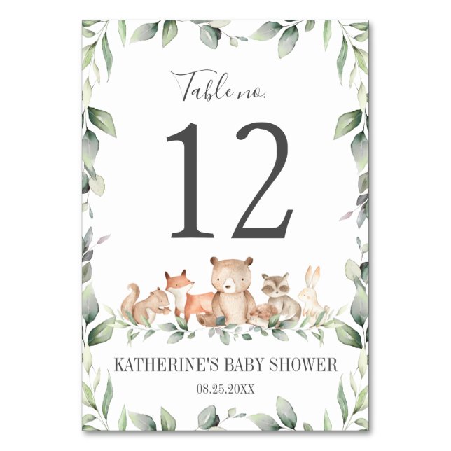 Tarjeta De Mesa Woodland Animals Greenery Birthday Baby Shower (Anverso)